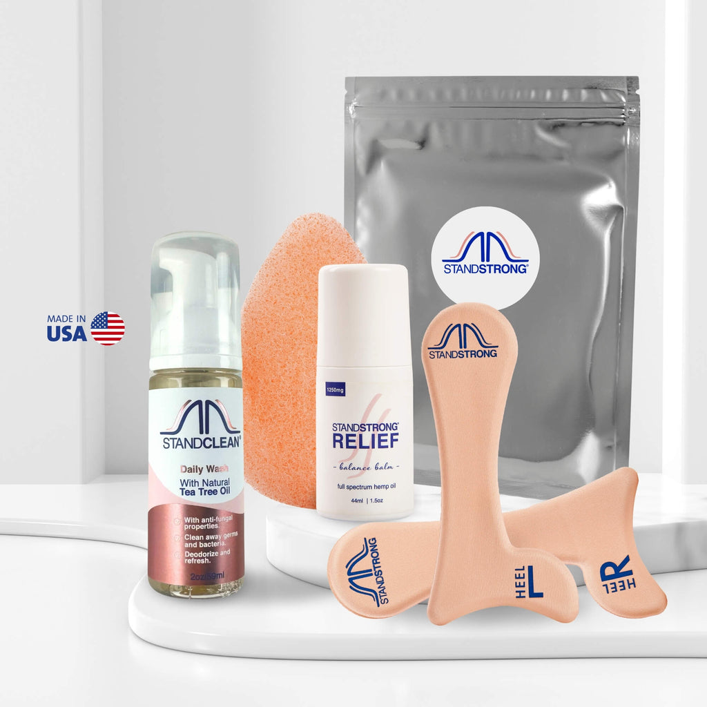 Keep your feet healthy and comfortable with the Stand Strong arch support foot care kit, which includes everything you need for optimal foot care
